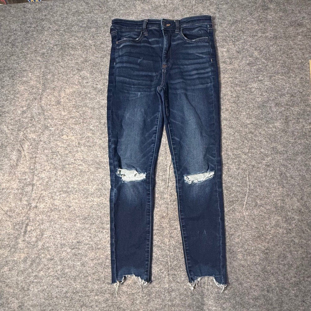 American Eagle Super Hi-Rise Jegging Womens 8 Short Blue Distressed Raw Hem Jean